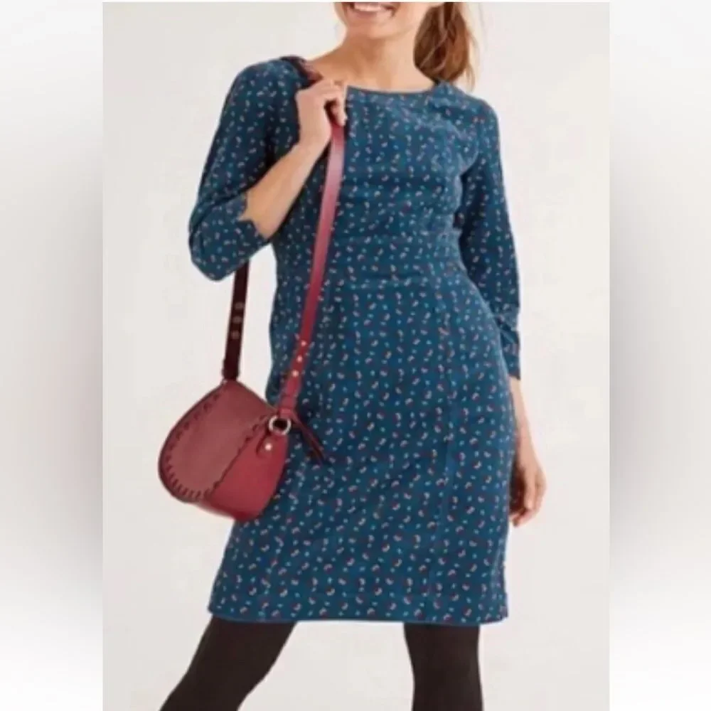 Boden Women Corduroy Green Acorn Shift Dress 3/4 Sleeve Sz 4P NWT